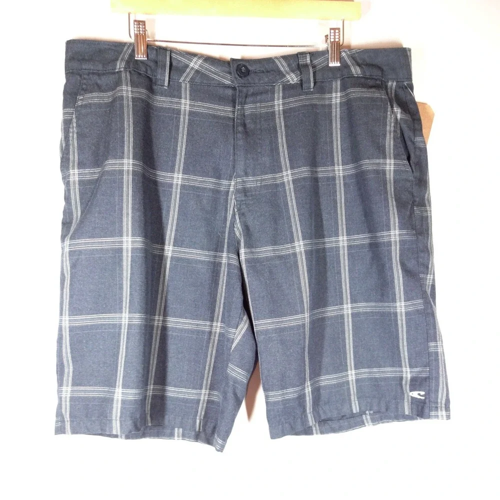 O'Neill Plaid Hybrid Shorts Mens 38 Blue White Casual Surf Coastal Golf Preppy